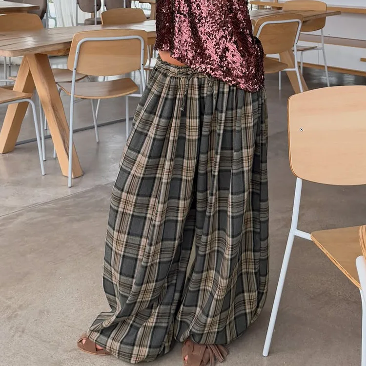 Retro Fashion Plaid Casual Pants 2026 New Simple and Versatile Lace-up Loose Leggings Trousers