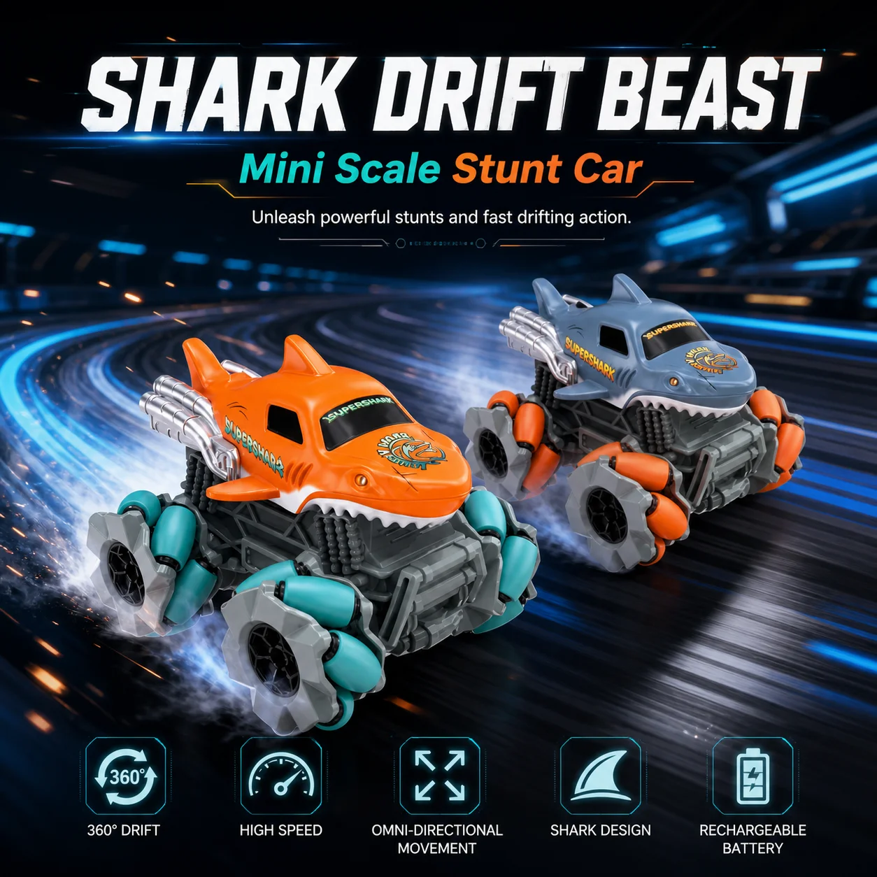 Mini Shark Drift RC Stunt Car 2.4GHz Mecanum Wheel Omnidirectional 360° Spin, LED Light Crashproof Pocket Remote Control Toy