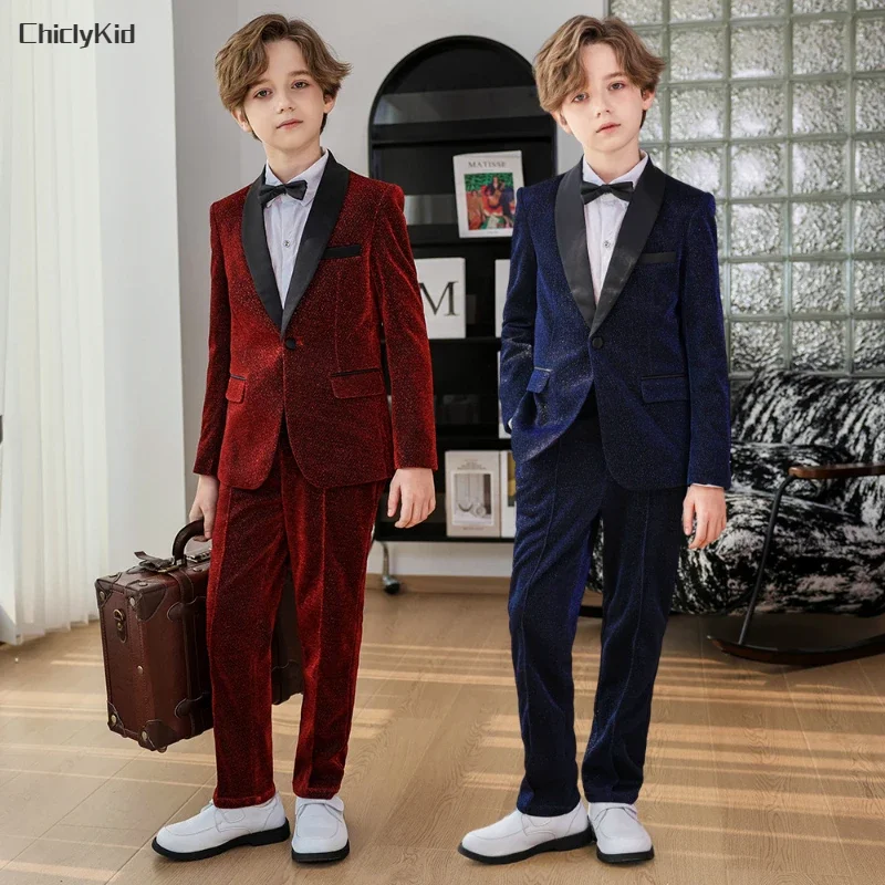 

Boys Tuxedos Sequin Suit Jacket Pants Formal Dress Kids Shiny Blazer Clothes Sets Child Toddler Gentlemen Performance Costumes