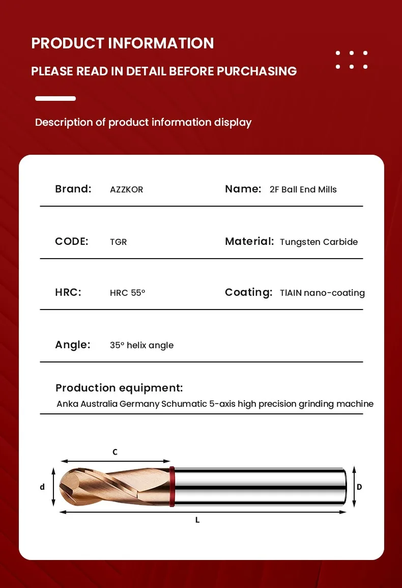 AZZKOR TGR-HRC55 2F Kugelkopffräser, Hartmetallfräser mit Wolframstahl-Nanobeschichtung für CNC-Bearbeitungszentren – Detail 15