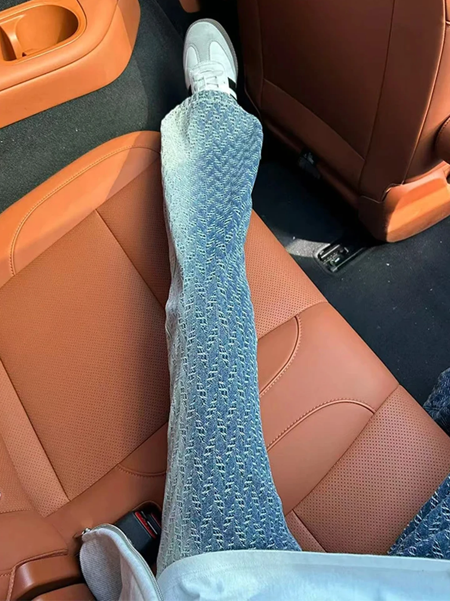 

adient Blue Knitted Jacquard Men's Jeans mid Waist Straight Leg Casual Faion High Street Unique Design Spring Autumn