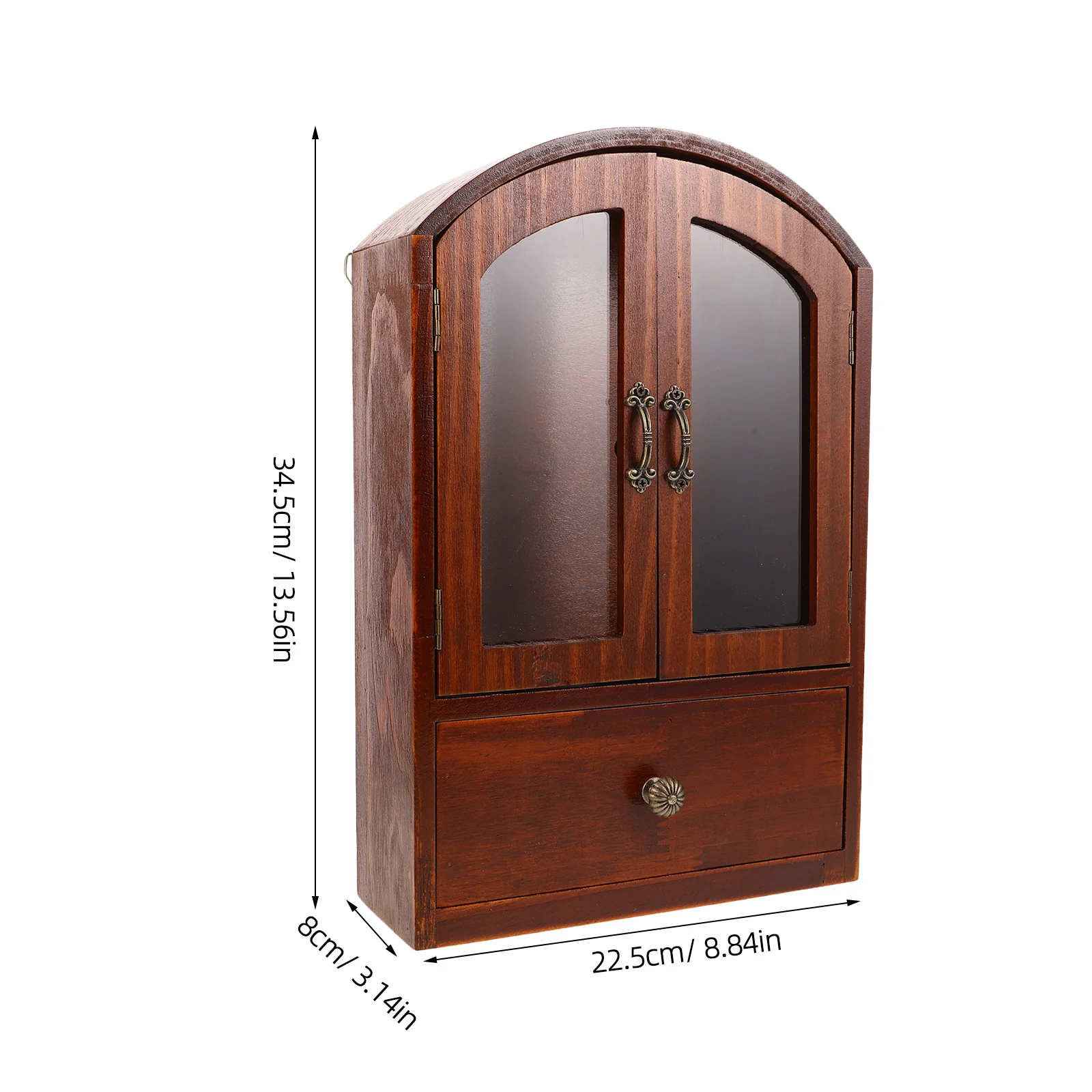 レトロな木製デスクトップ収納キャビネット、ガラス扉、引き出しオーガナイザー、化粧品、オフィス用品、ホームワークスペース、ミニアクセント