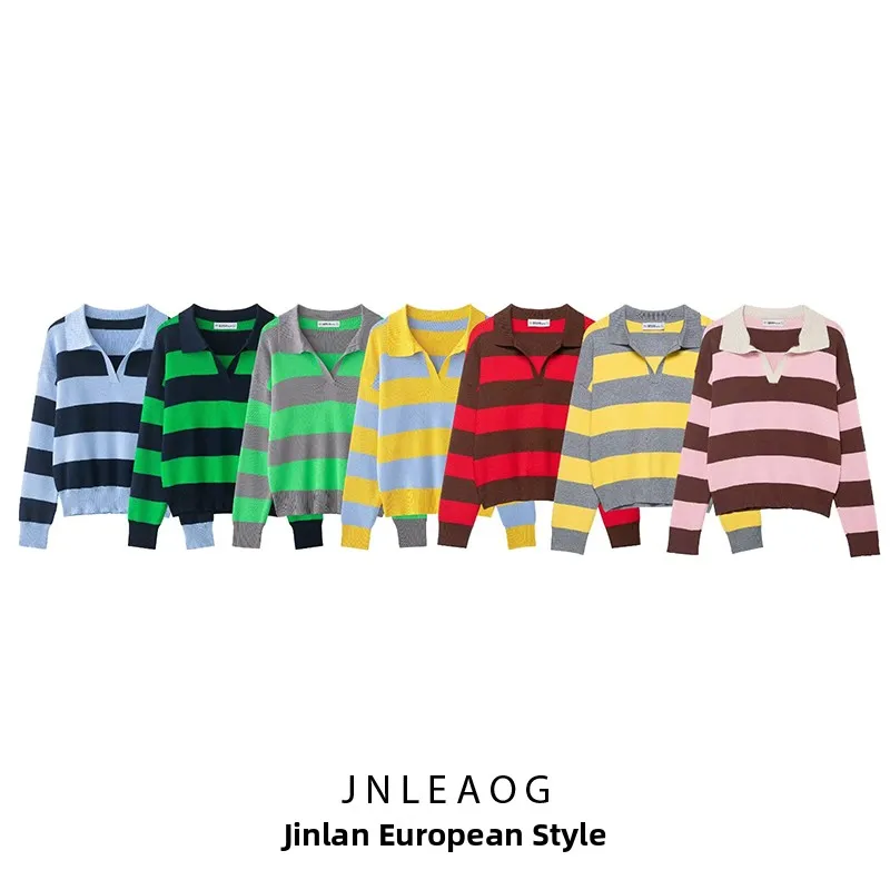 

Модный полосатый вязаный свитер JNLEAOG для женщин, осенняя новинка, свободный крой, длинный рукав, полиэстер