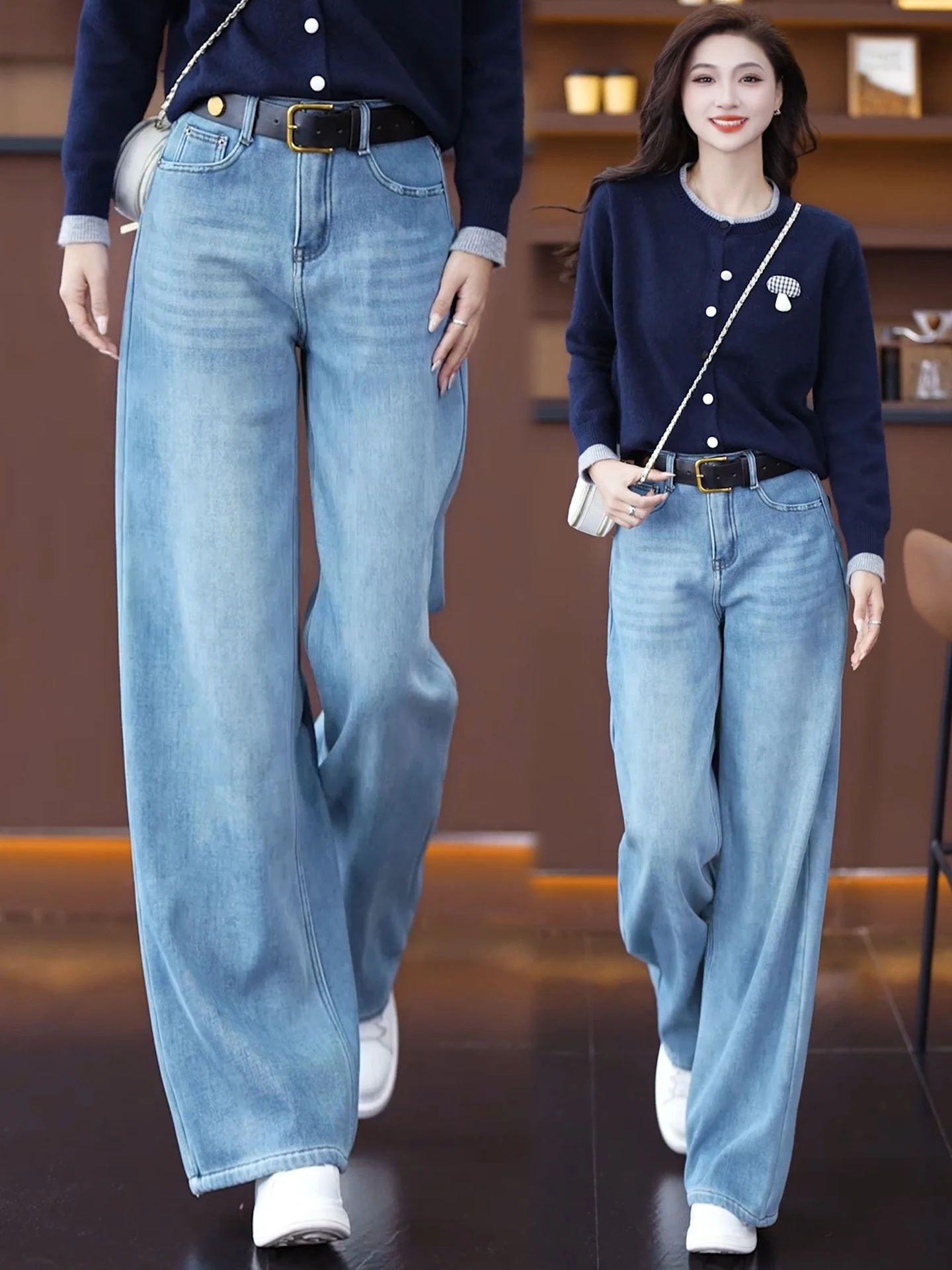 

High Waist Wide Leg Denim Jeans Women's Autumn Winter New Style Casual Loose Fleece Comfortable Straight Leg Pants