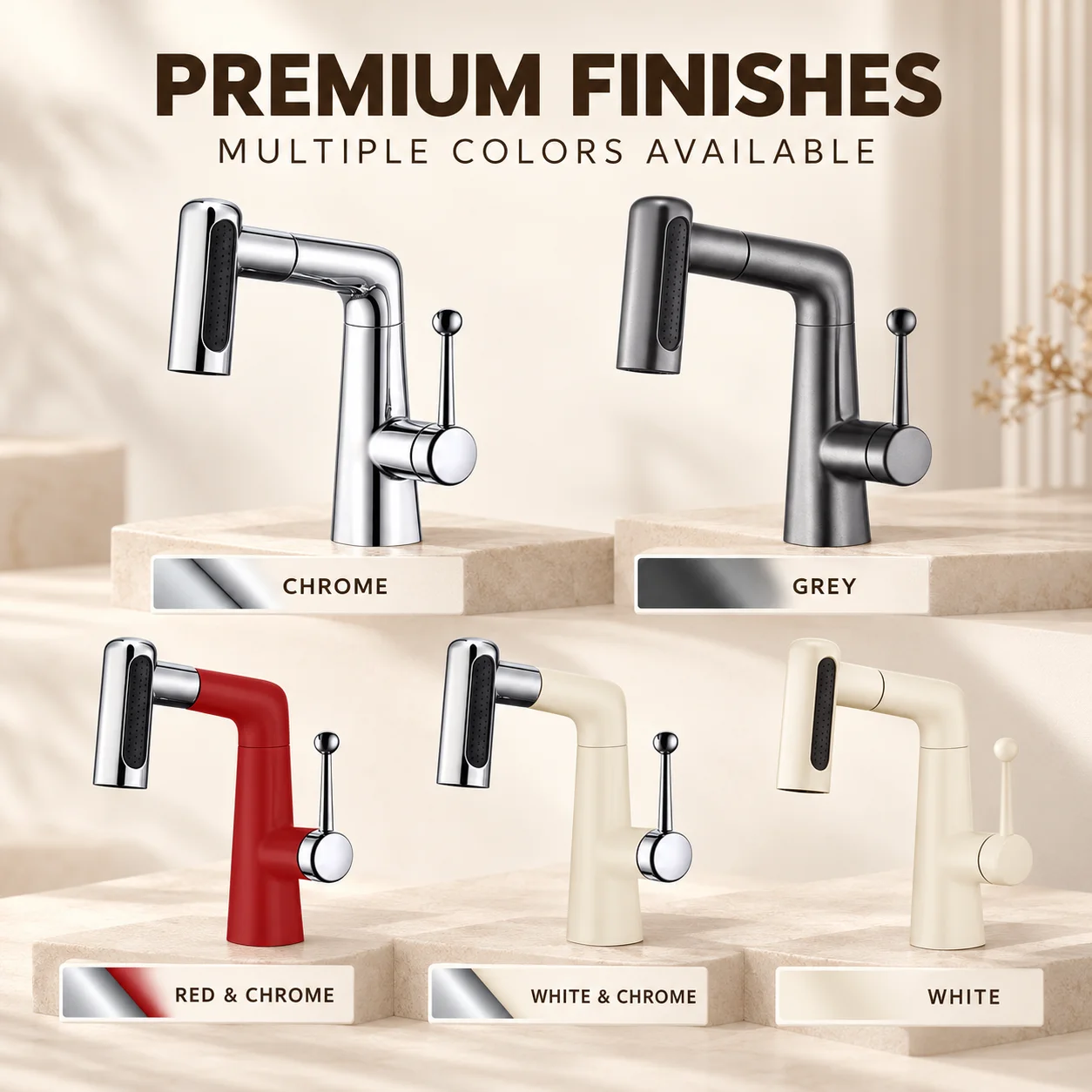 Pull Out Bathroom Sink Faucet with 2 Water Modes Sprayer Height Adjustable 360° Swivel Brass Hot Cold Mixer Tap Single Handle