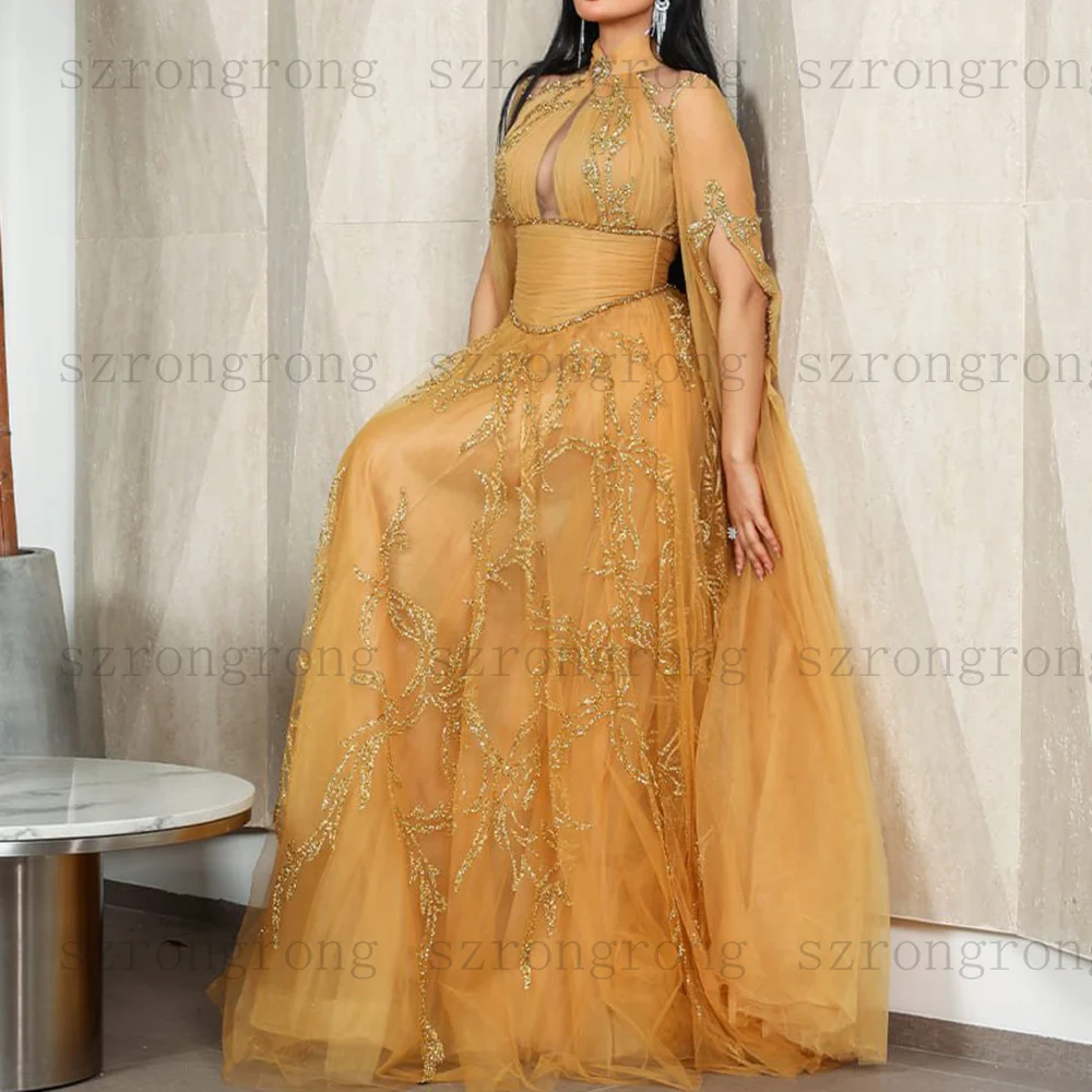 Abiti da sera formali personalizzati con collo alto Abiti moderni in pizzo con paillettes Pieghe Abito da ballo a trapezio Abito da festa lungo in tulle saudita