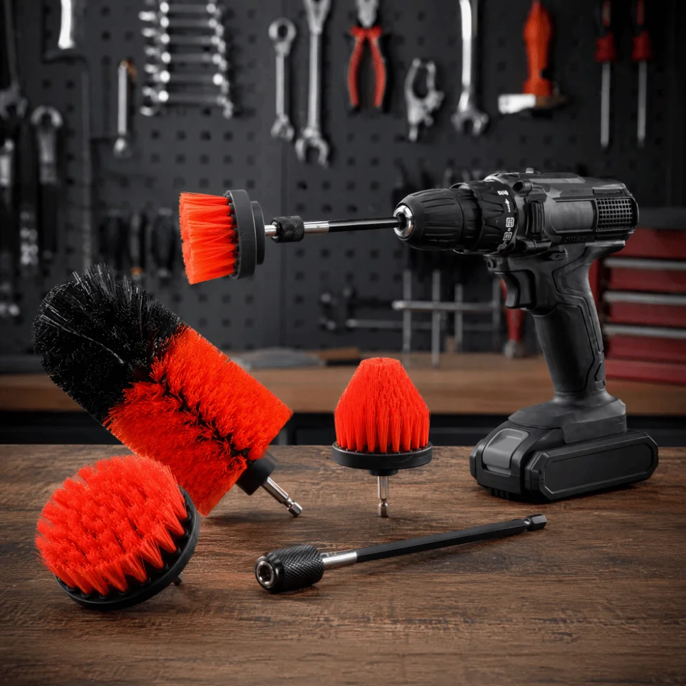 5Pcs Round Brush Head Drill Brush Attachment Set Nylon Bristles Extension Rod Power Scrubber Brush Kit All-Purpose