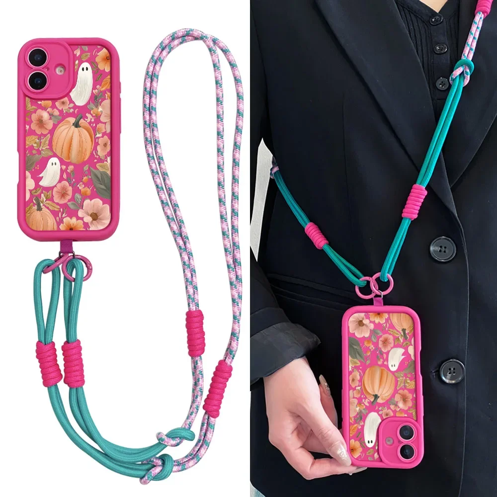 Cxd5 Custodia per telefono con cordino fantasma fiore di Halloween per IPhone 16 15 14 13 12 11 17 Pro MAX XS XR 7 8 Plus Copertura per corda con tracolla