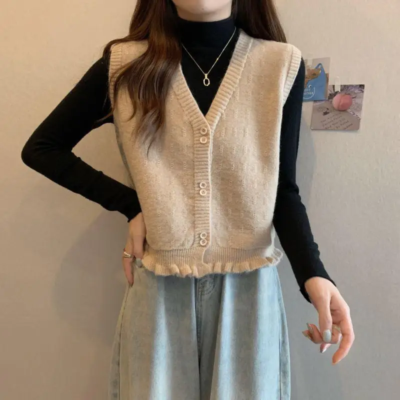 

Women New Sweaters Vest Spring Ruffles Ingle-breasted Cardigans Sleeveless Solid Color V-neck Chic Basic Knitted Pullovers Tops