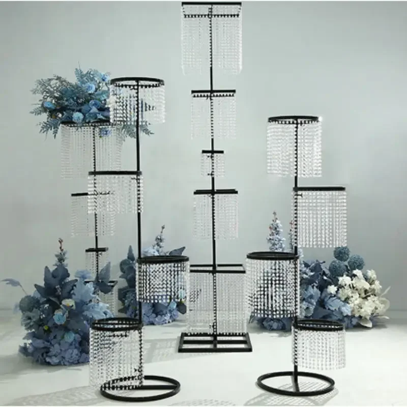 Luxury Wedding Hotel Hall Stage Aisle Props Flower Favors Rack Sparkling Crystal Pillar Stand Guide Pearl StringDecoration