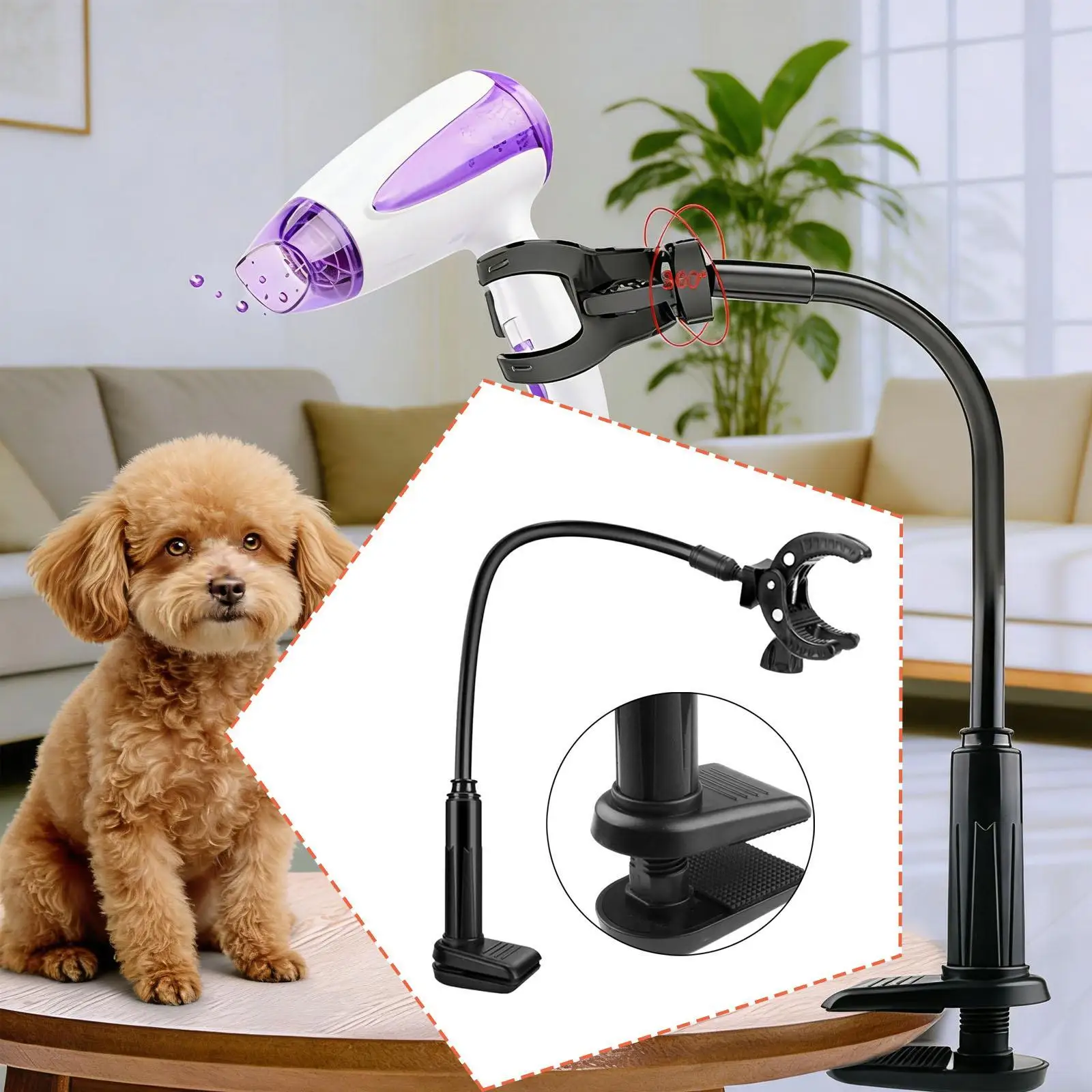 Hands Free Pet Grooming Hair Dryer Stand with Gooseneck Arm Rotatable Clamp Dryer Holder for Dogs Cats Salon Accessories view 2