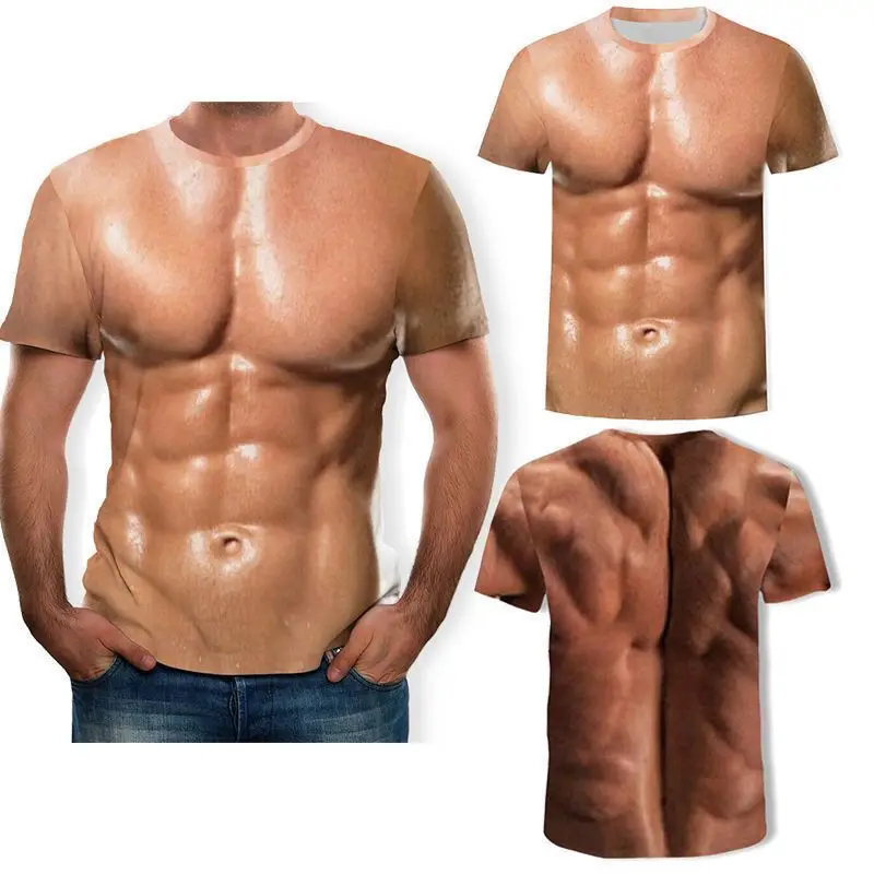 

Funny laugh personality forced real and fake chest muscles fake abs 3D printed short-sleeved boys T-shirt