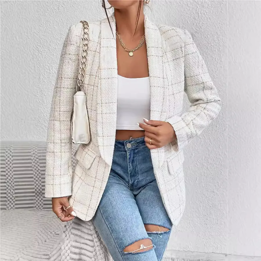 

2025 Autumn New Lapel Long-sleeved Plaid Suit Plaid Fashionable Simple Commuter Jacket Blazer Mujer