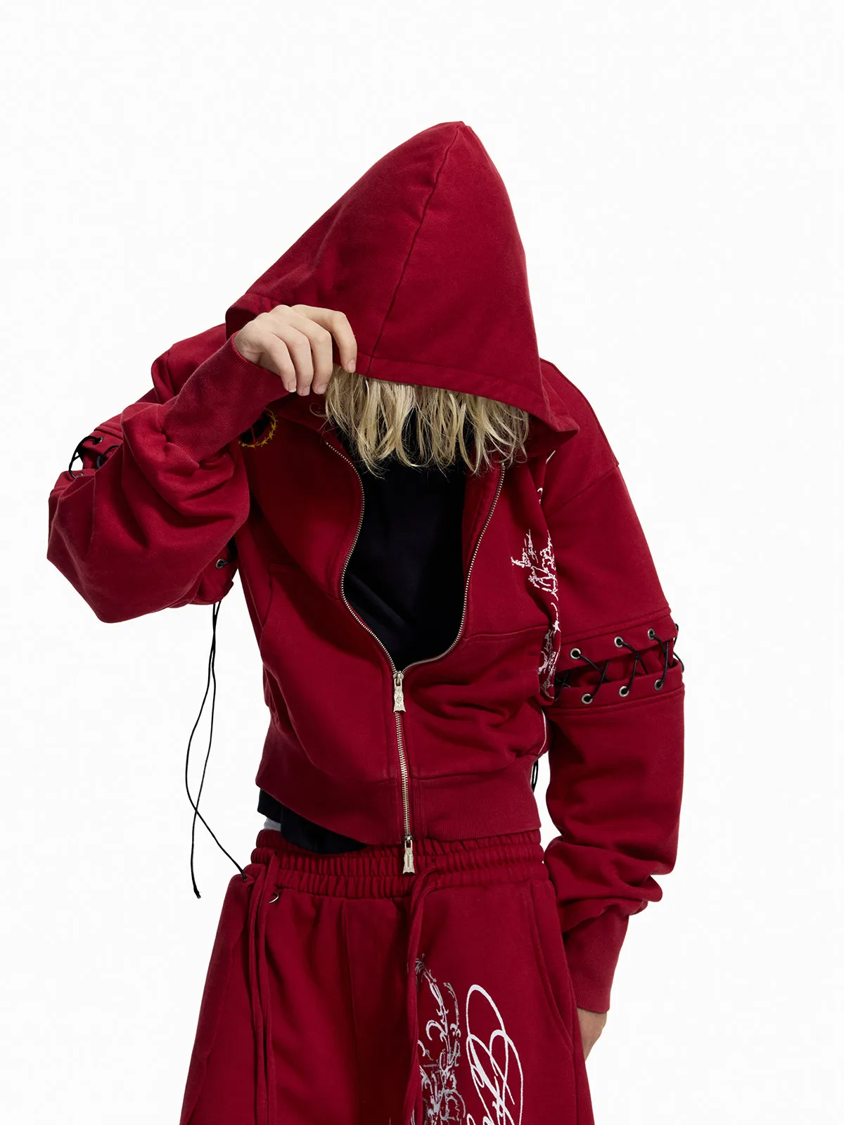 Punk Style Short Wax Rope Strap Sleeve Zipper Hoodie Subcultural Hooded Sweatshirt Cardigan Coat Men and Women