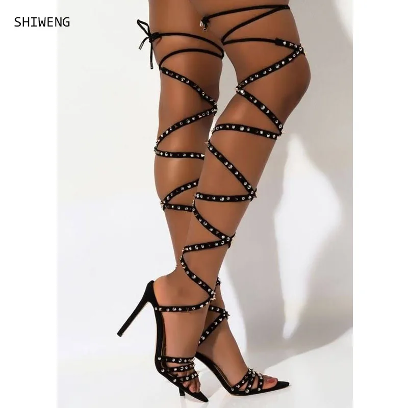 

2025 Sexy Peep Toe Buckle Strap Stiletto Sandals Womens Sexy Fashion Thin High Heel Club Party Shoes Cross Tied Sandals 44