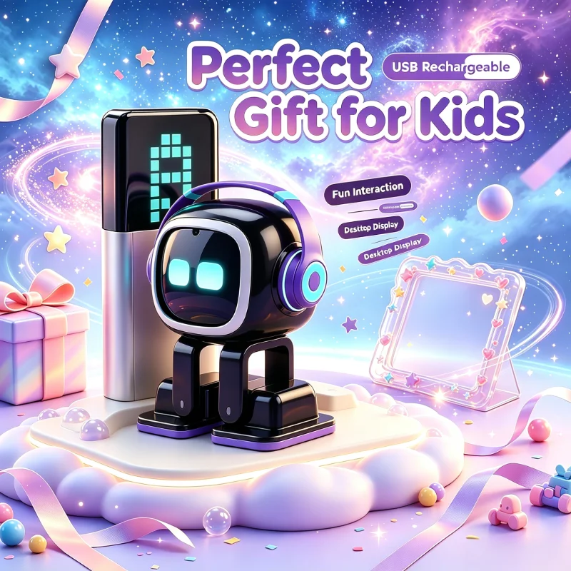 Smart Interactive Desktop Robot Toy with LED Dynamic Expressions, Touch Control, Dance Music & Charging Dock, USB Rechargeable