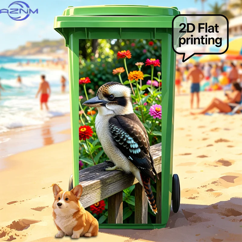 [2D Flat Printing]1pc Trash Can Sticker[× inch] Kookaburra Perched in Flowers Design, Wall Sticker Decal Wallpaper Self-Adhesi
