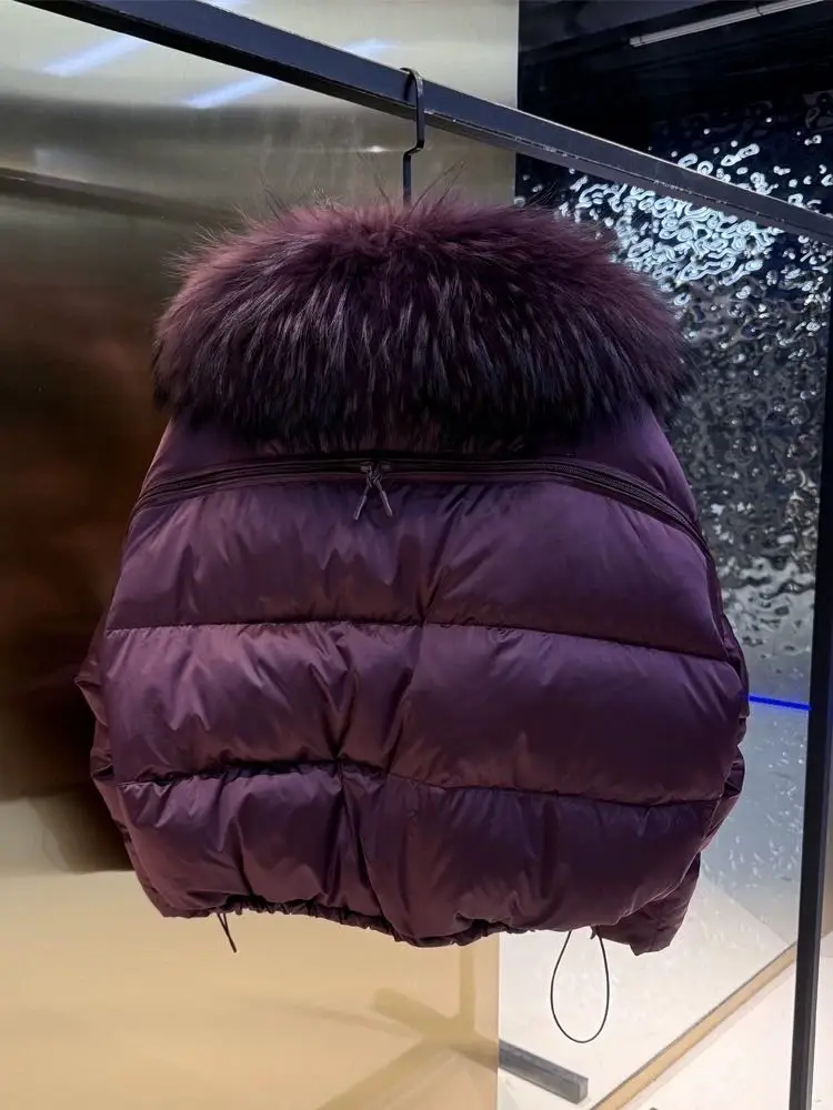 CX 2025 جديد سترة منفوخة الشتاء قصيرة انفصال طوق فو الفراء طوق سترة المرأة سميكة الأبيض بطة أسفل معطف الإناث