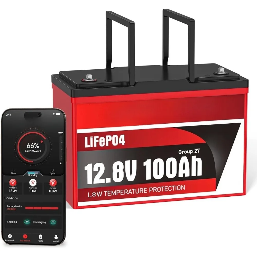 

12V 100Ah Bluetooth LiFePO4 Battery, Low-Temp Protection 12V Lithium Battery Built in 100A BMS, Group 27 Lithium Batteries