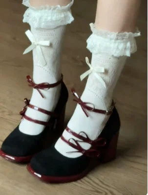Concise Style Butterfly-Knot Platform Round Toe Shallow Women Marry Jane Shoes Chunky High Heels Buckle Strap Design Pumps Shoes