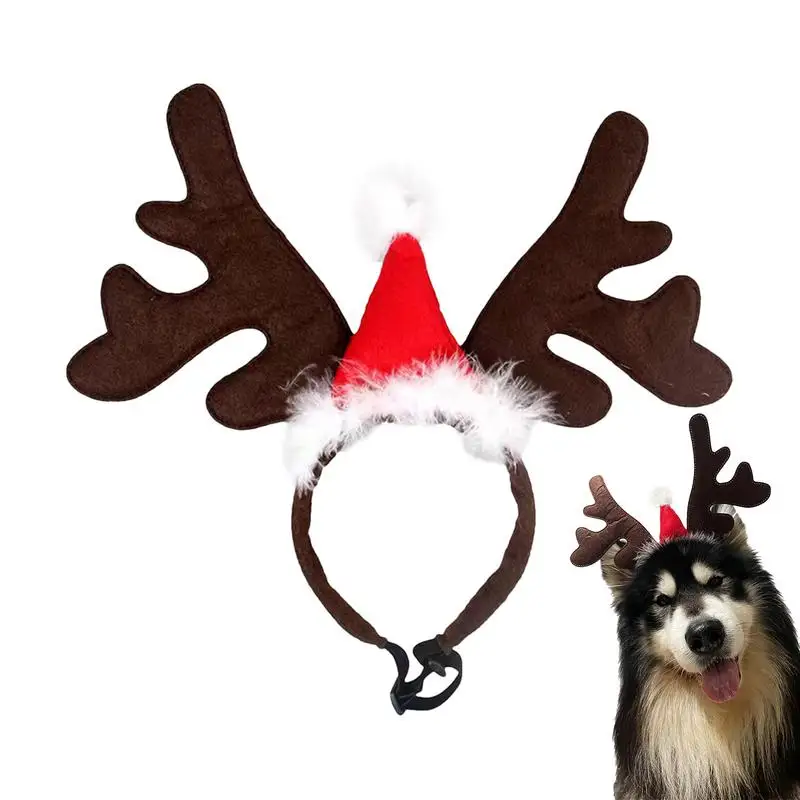 Dog Antler Headband With Santa Hat Dog Christmas Reindeer Headpiece Light And Comfortable Christmas Costume Headwear For Theme