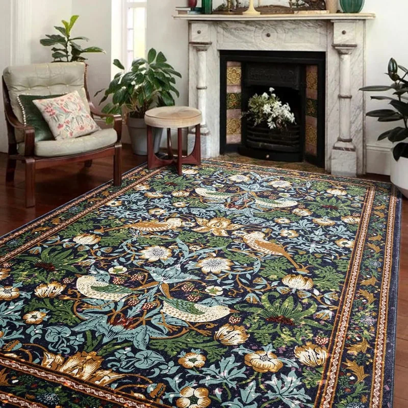 Retro Living Room Carpet Large Area Luxury Flower Bird Print Bedroom Rug Machine Washable Non-slip Sofa Floor Mat Ковер Tapis 러그