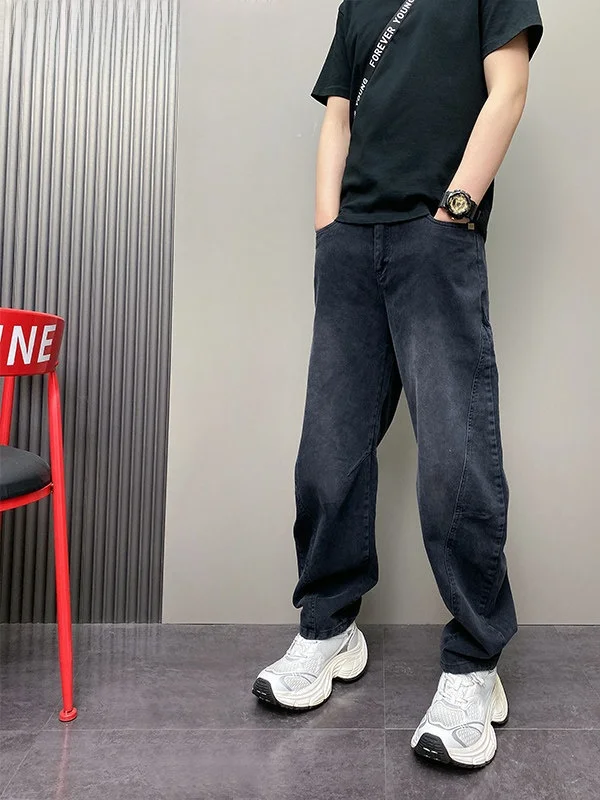 

Retro Distressed Jeans Men's Loose Straight Leg Trousers Wide Leg Long Pants Casual Wear Polyester Fiber Non-Shrinkable
