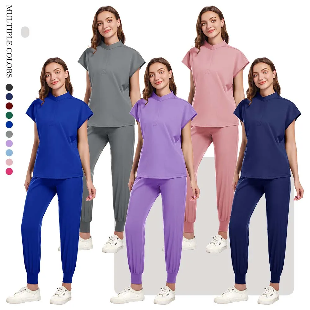 Plus Size Scrubs Set Women Medical Nurse Uniforms Stand Neck V-cut Scrub Top Jogger Pants Vet Doctor Healthcare Workers Workwear