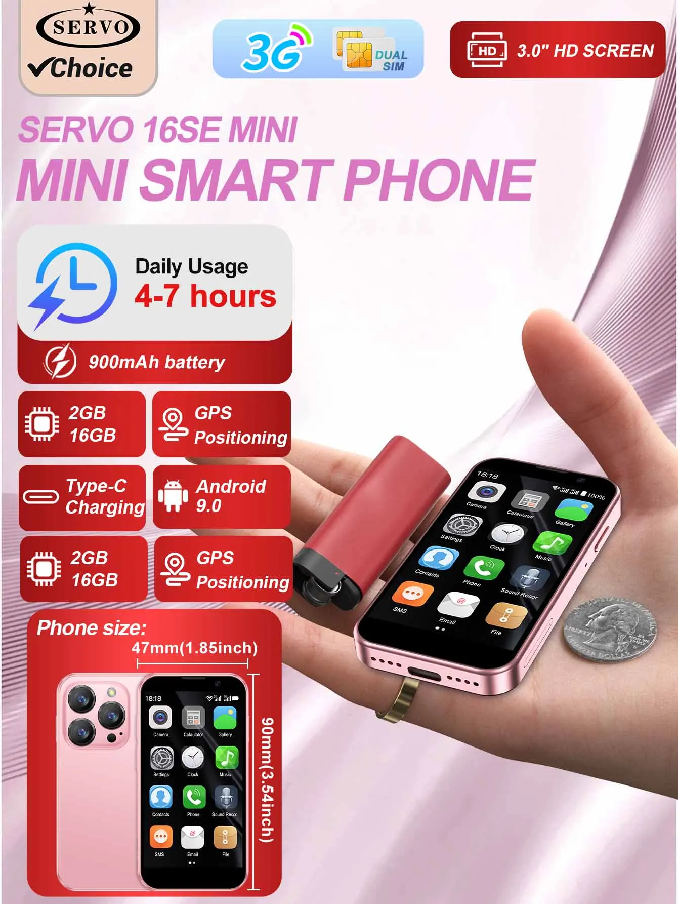 SERVO Mini Smartphone 3.0inches Display 2GB RAM 16GB ROM WCDMA 3G Dual SIM Card 5MP Camera GPS Type-C Android Little Cellphone