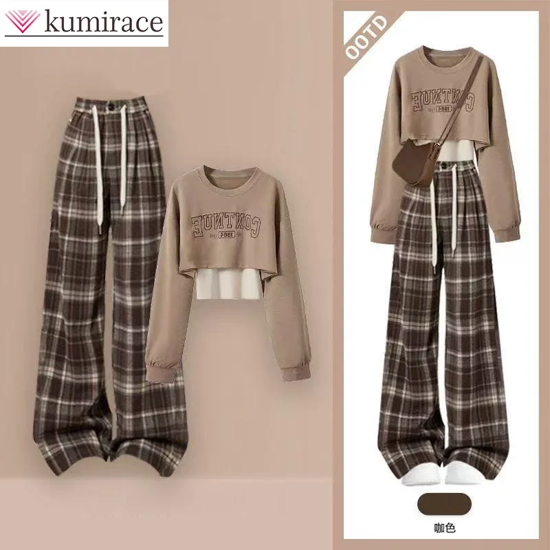 Large Size Autumn Maillard Suit Women's Retro Fake Two-piece Hoodie Paired with Slimming Plaid Casual Pants Two-piece Set