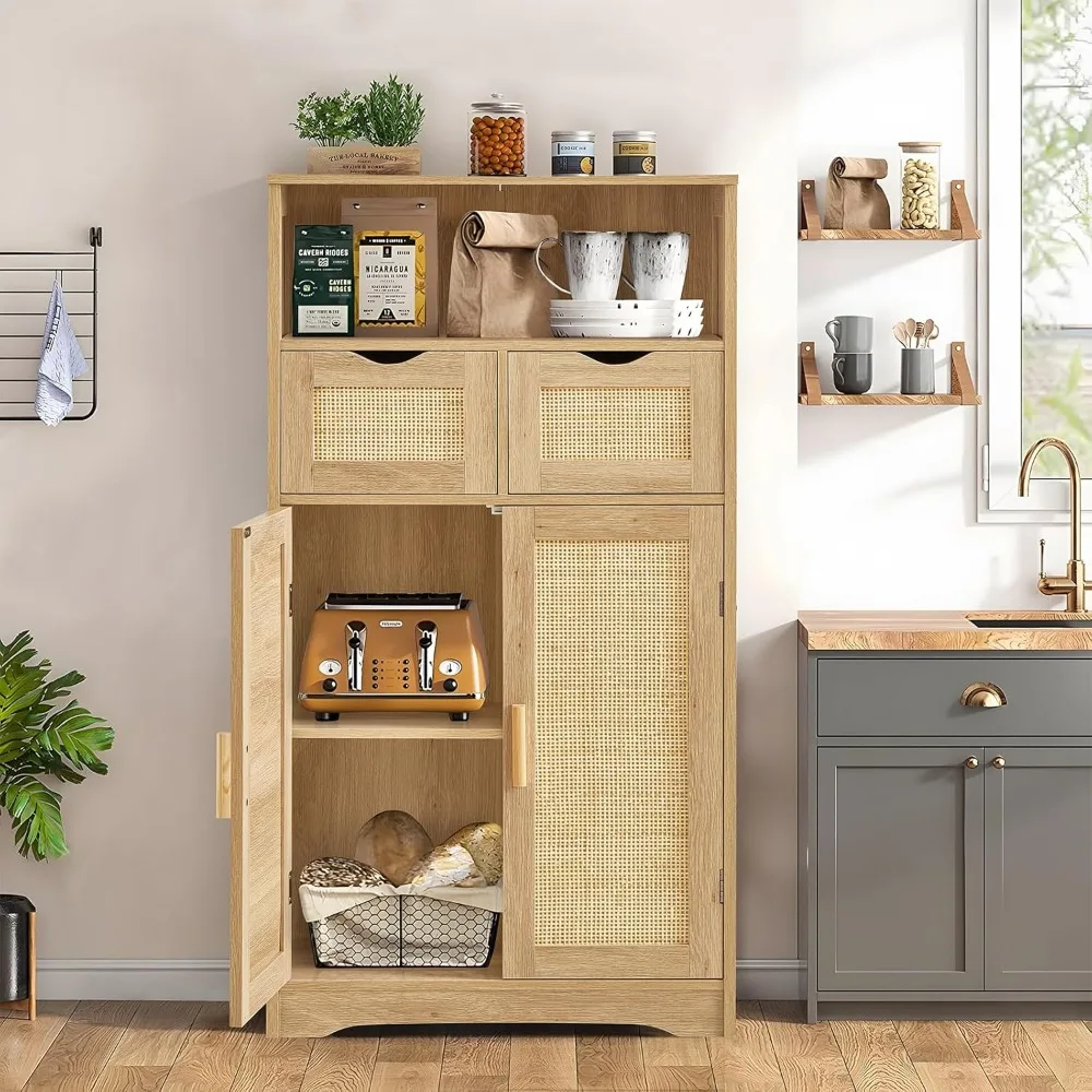 

Iwell Storage Cabinet, Rattan Cabinet with 2 Drawers and Adjustable Shelves, Cupboard, Floor Cabinet with Doors for Living Room