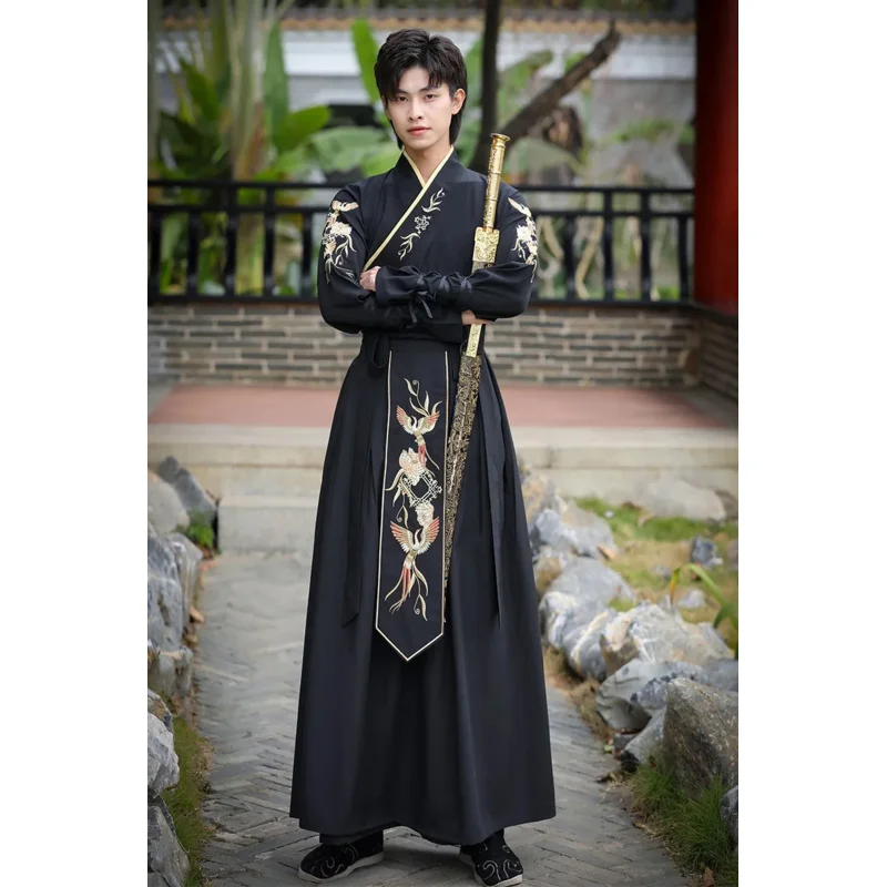 Warrior Hanfu For Men Chinese Traditional Ethnicstyle Phoenix Embroidery Japanese Samurai Party Cosplay Swordsman Costume