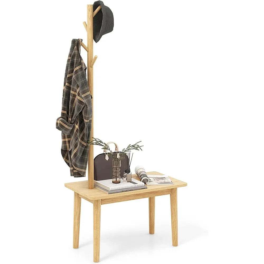 

With End Table, Solid Wood Coat Tree with 2-in-1 Side Table & 4 Hooks for Hats, Bags & Coats