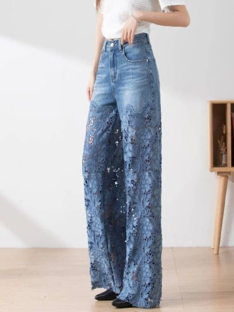 Fashion Elegant Jeans For Women High Waist Lace Patchwork Pantalones Hollow Out Denim Trousers Casual Loose All Match Pants 2024