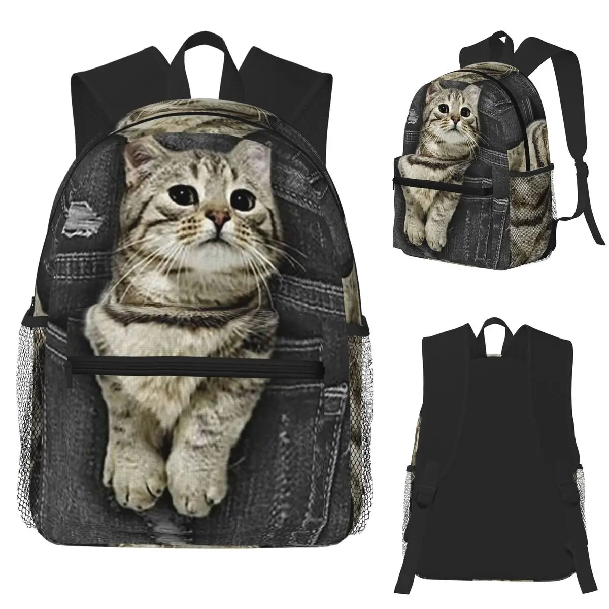 

Black Denim Pocket Cat Kitten Student Backpack School Bag Hiking Travel Daypack for Men Women Fashion Bookbag Shoulder Bags