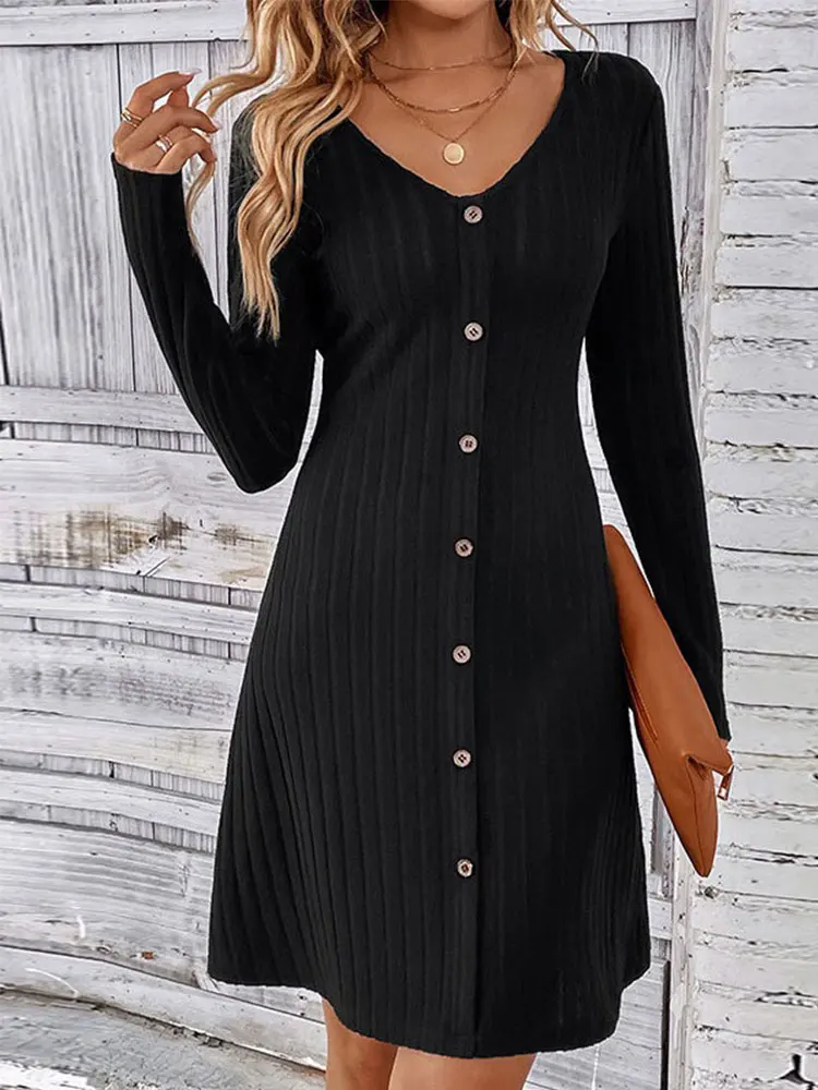 2024 Elegant Spring Sweater Dress Fashion V Neck Button Long Sleeve Streetwear Outfit Women Beachwear Coverup A-line Skirt A2781