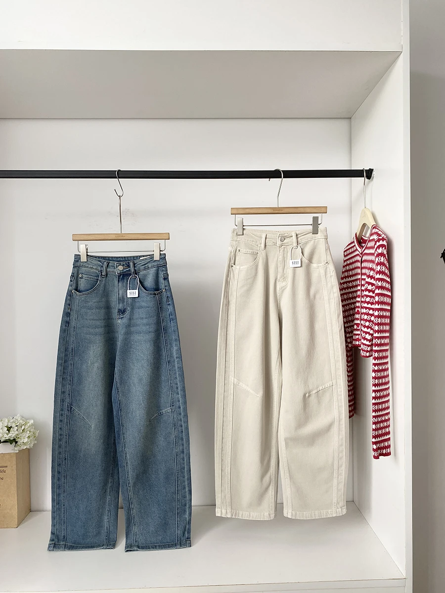 

High Waist Loose Wide Leg Denim Pants Commute Style Spring 2026 Korean Retro Casual Women's Jeans Polyester Fiber Button Closure