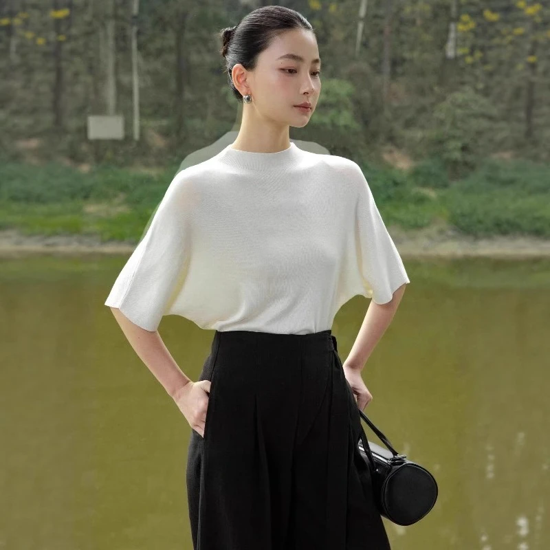 

Женская футболка свободного кроя во французском стиле, повседневный трикотажный топ с рукавом до локтя, воротник-стойка, однотонная