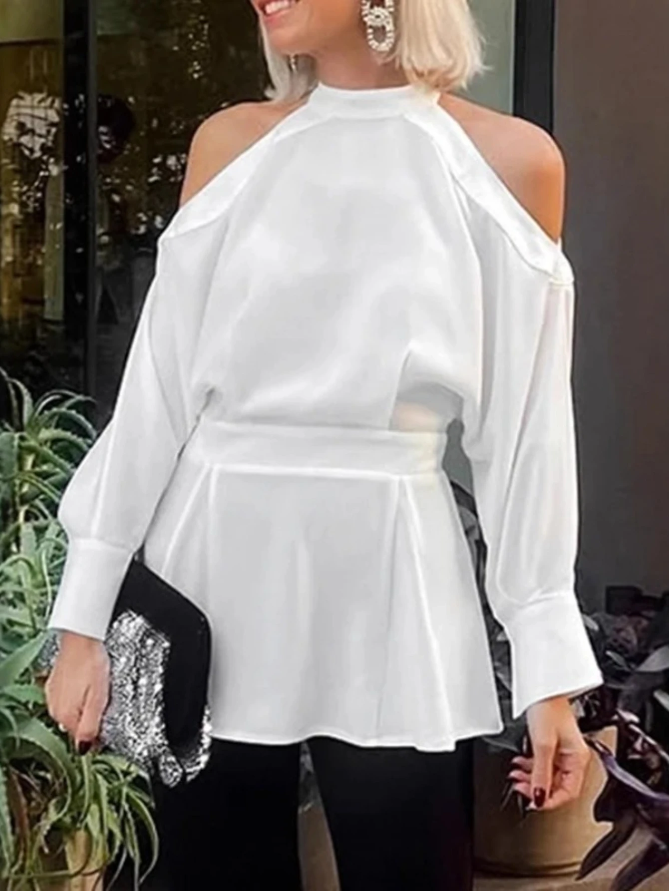 Primavera nova venda quente viajando elegante branco pescoço pendurado chiffon design fora do ombro camisa