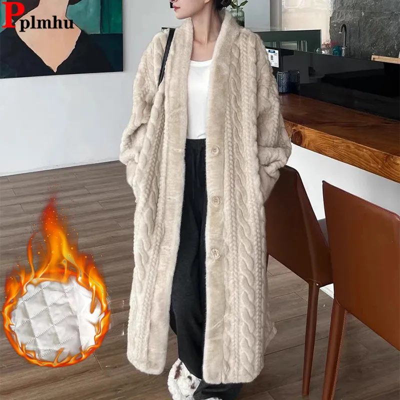 Winter Korean Long Faux Fur Jackets coats Cotton Padded Lined V-Neck Thicken Casual Abrigo Women New Chaquetas Fashion Casaco