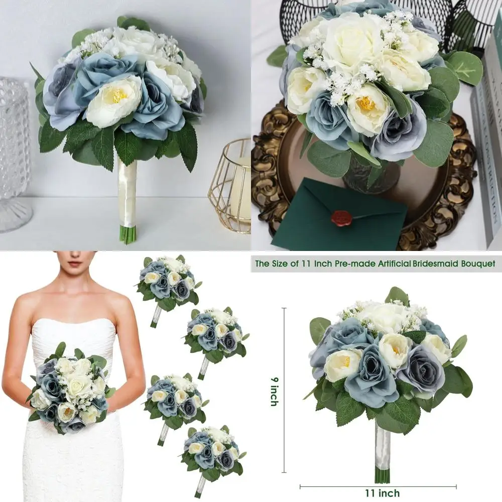 

Пыльно-синие и белые искусственные букеты подружки невесты, 11 для свадебного и декора душа