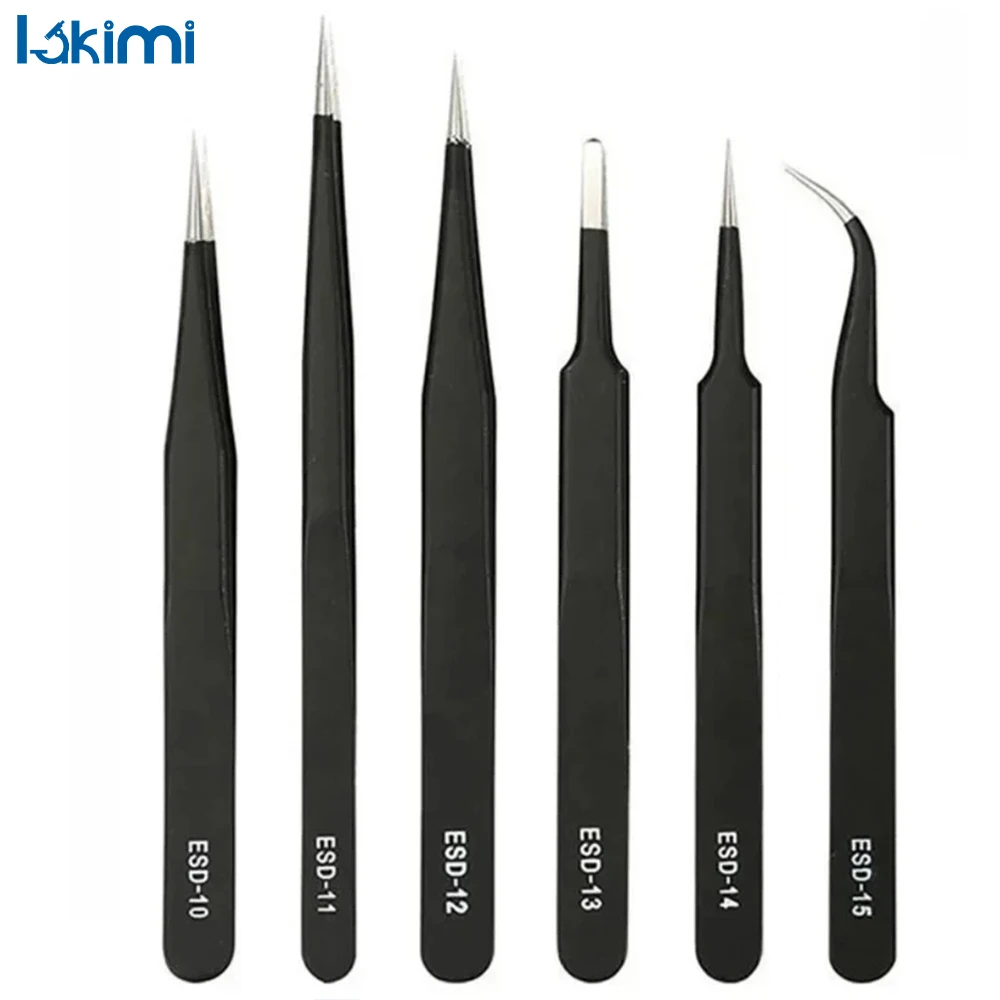 

6PCS Stainless Steel Precision Tweezers Set for Electronics Repair, Soldering, Craft – ESD Anti-Static Repair Tools LK-AA114