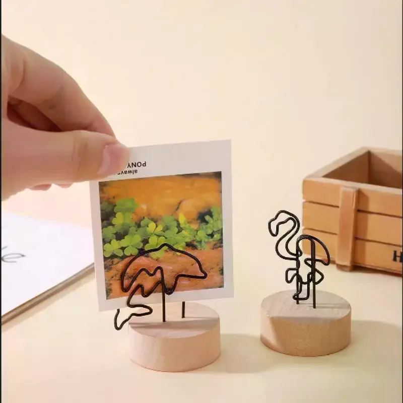 2PCS Wooden Base Metal Photo Holders Creative Cute Design For Home Office Desk Decor Holding Photos Notes Memos