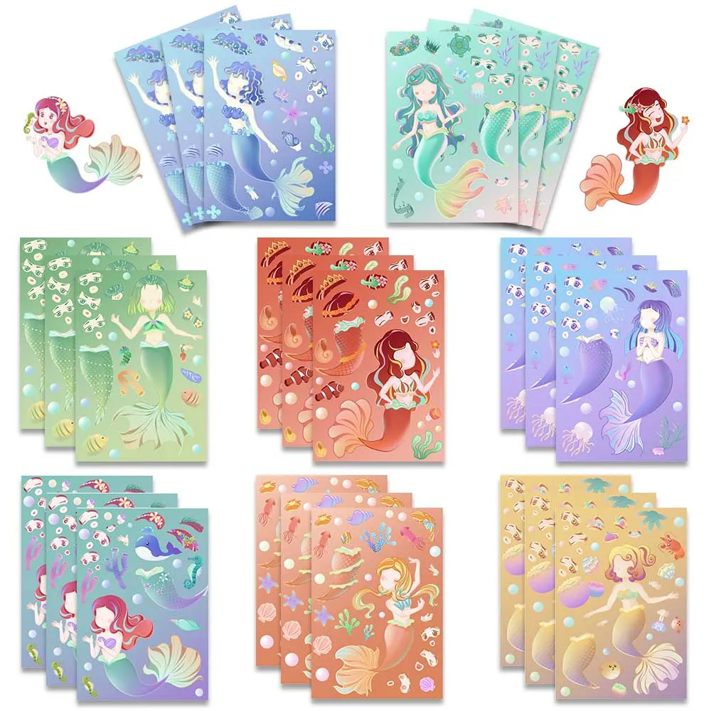 32Sheets Colored Mermaid DIY Puzzle Stickers Cartoon Face Funny Assemble Stickers Luggage Notebook Kids Boys Girls Teen Toys