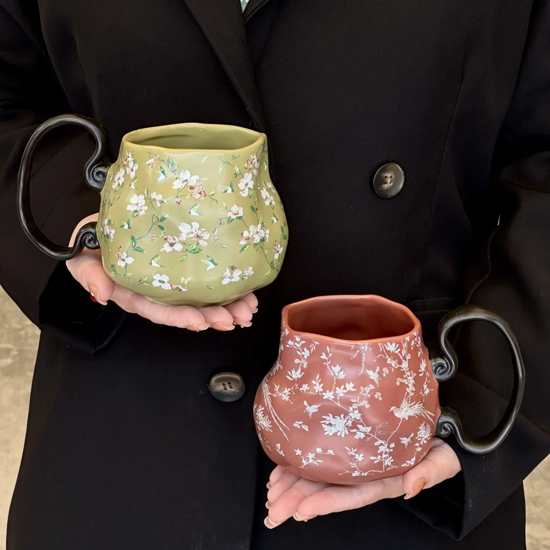 

Vintage Handmade Shaped Mug,Chinese Prairie Chic Small Floral Breakfast Cup, Home Ruyi Handle Water Cup,Unique Design Coffee Cup