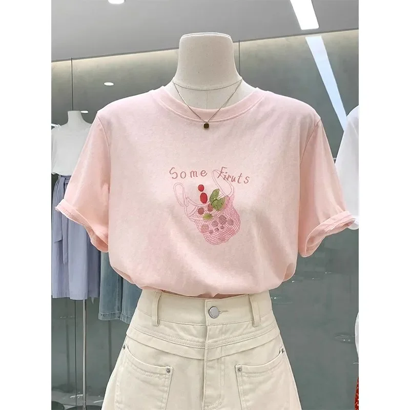 Women's Casual Pink Graphic T-shirt Some Fruits Print Crew Neck Loose Short Sleeve Tee