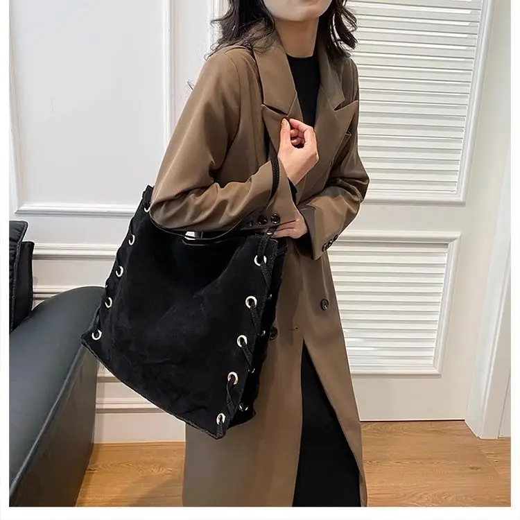 Retro Frosted Suede Faux Suede Shoulder Bag For Women Simple And Casual Versatile Square Crossbody Bag With Drawstring Mouth