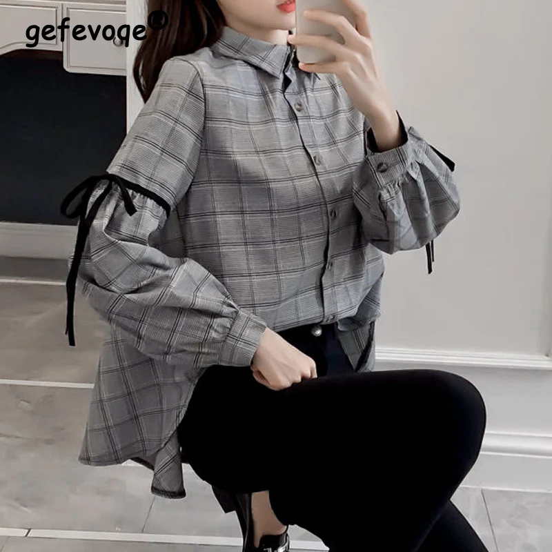 Women Vintage Plaid Print Bow Chic Harajuku Fashion Korean Blouse Autumn Casual Long Sleeve Loose Street Shirts Clothing Blusas