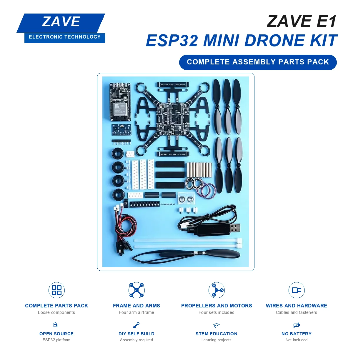 Mini Drone Kit ESP32 Open Source ZAVE E1 DIY Self Build Quadcopter Complete Assembly Parts Pack STEM Education No Battery
