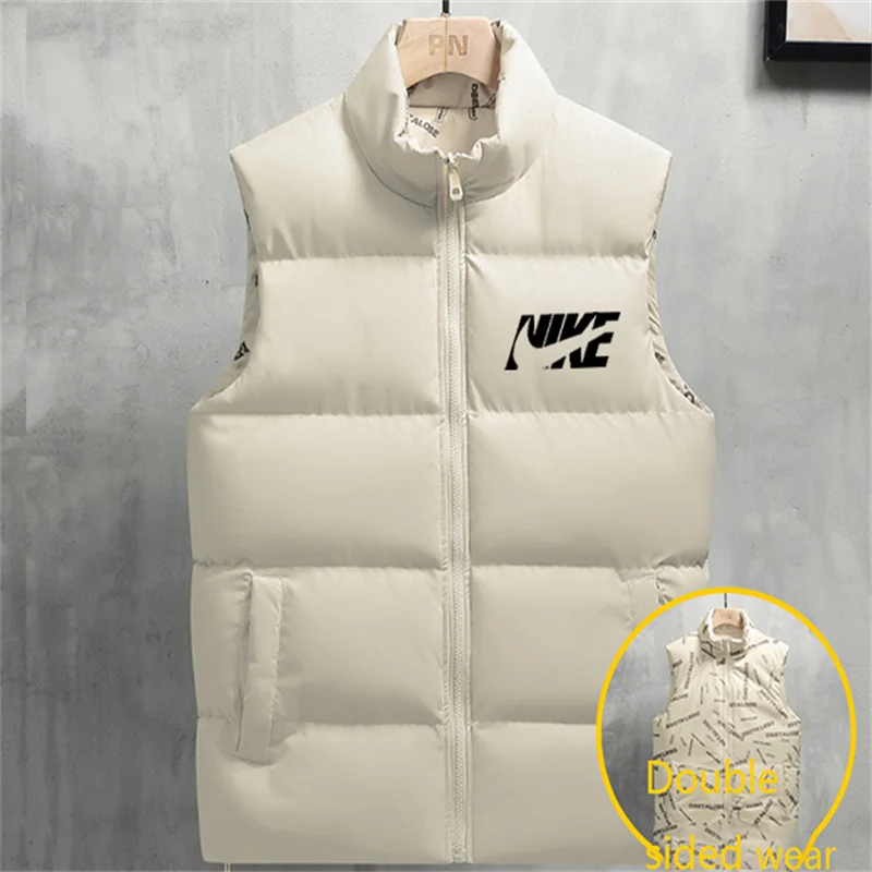 Double sided down cotton vest for men's autumn and winter new fashion jacket vest windproof stand up collar thickened warm vest